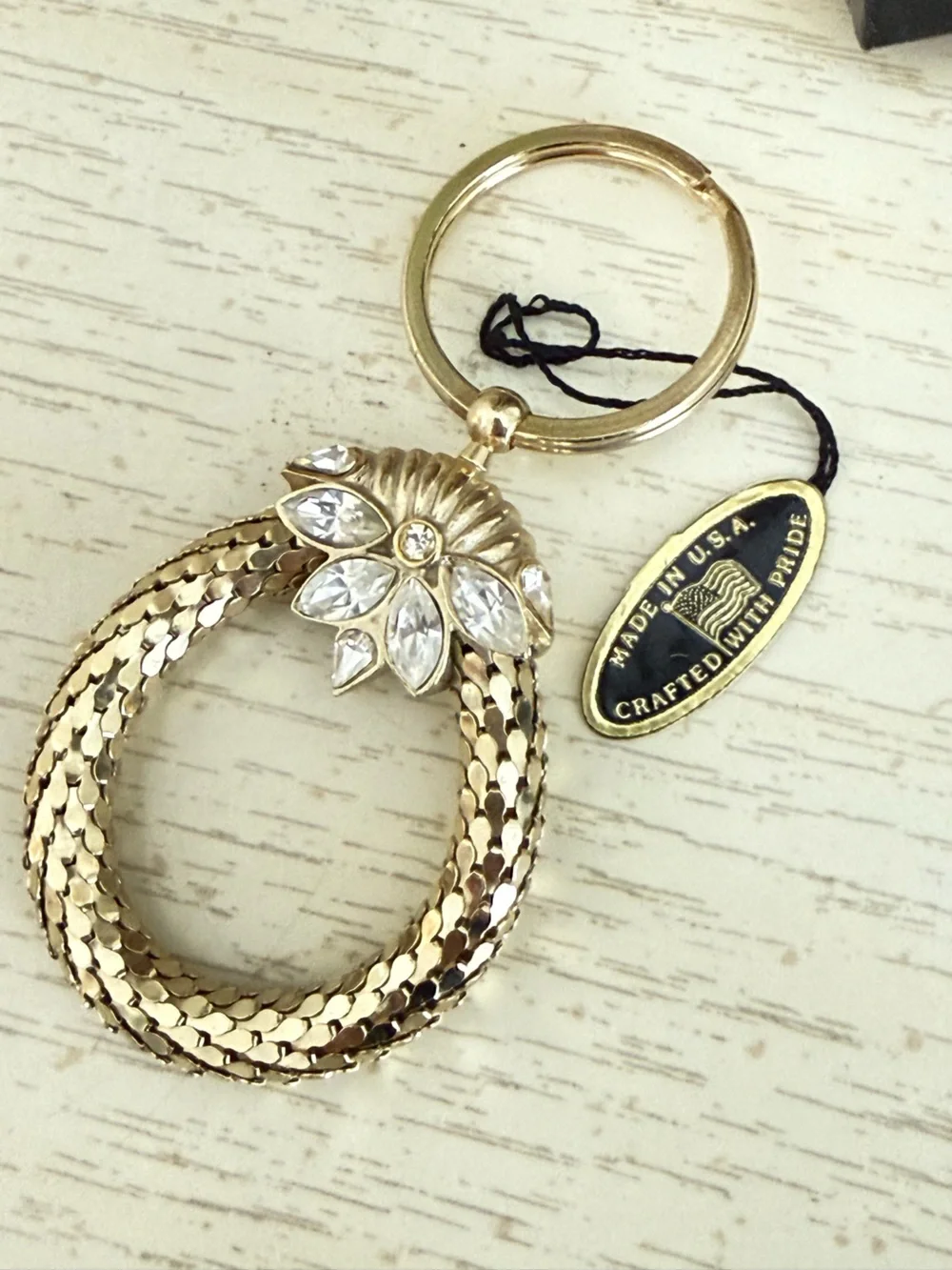 Vintage Whiting & Davis Gold Mesh Rhinestone  Key Ring / Keychain NWT